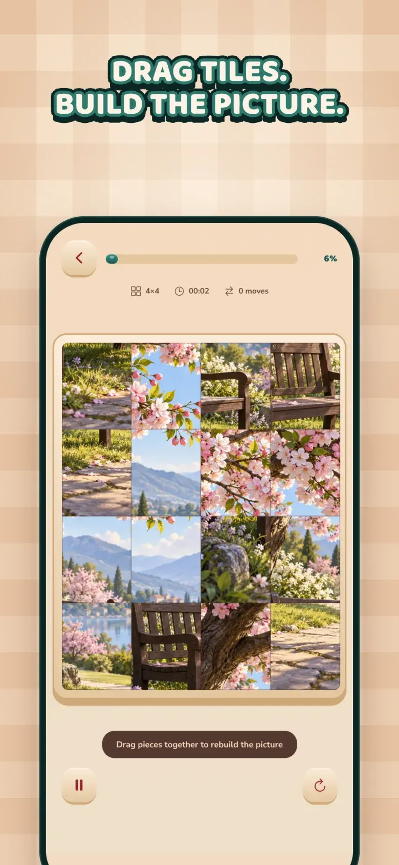 An active 5×5 500Tiles puzzle, with connected garden pieces moving together