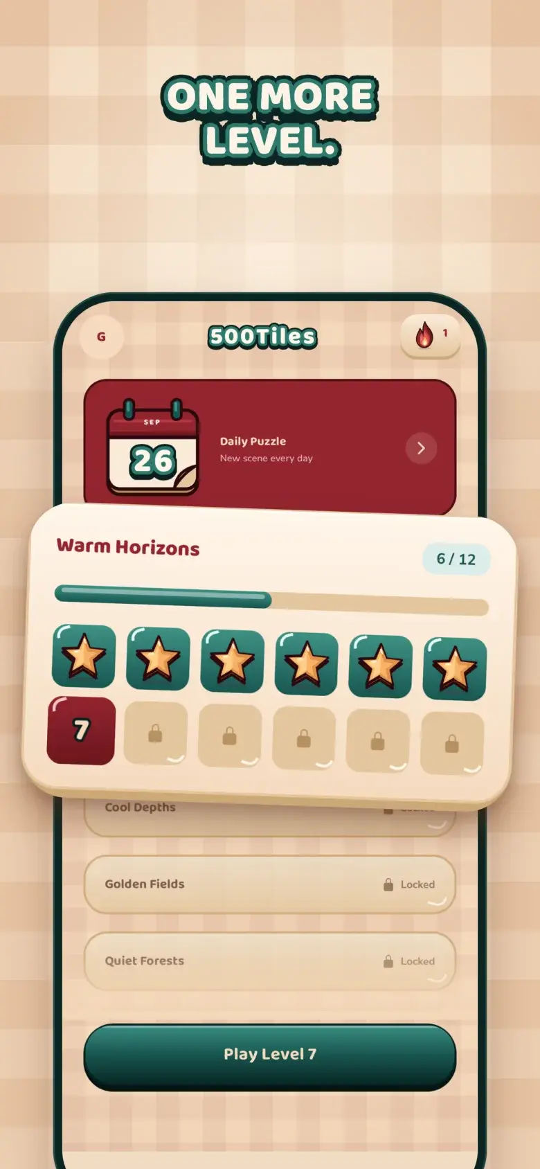 500Tiles home screen with chapter progress and completed star tiles