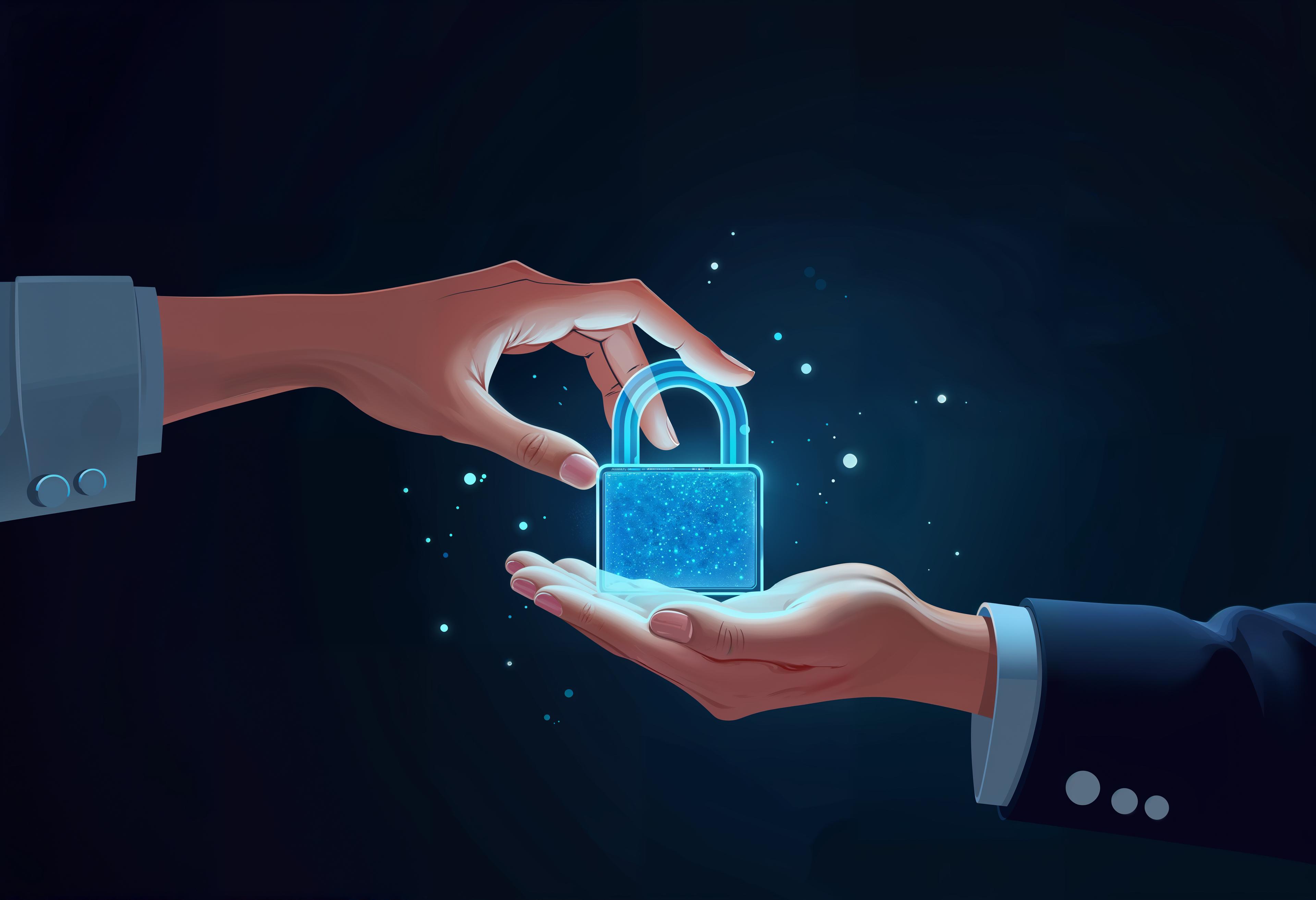 Secure escrow transaction - two hands exchanging a digital lock representing trust and security in marketplace transactions